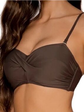 Sunsets 36E/34F/32G Top Bikini Kona brown Iconic Twist Bandeau convertible NWT
